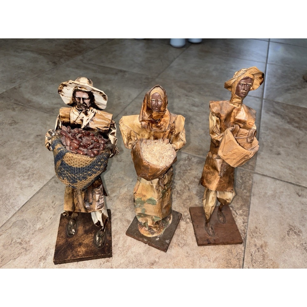 Vintage Mexican Folk Art Paper Mache Market Vendor Dolls Beans Rice Set of 3